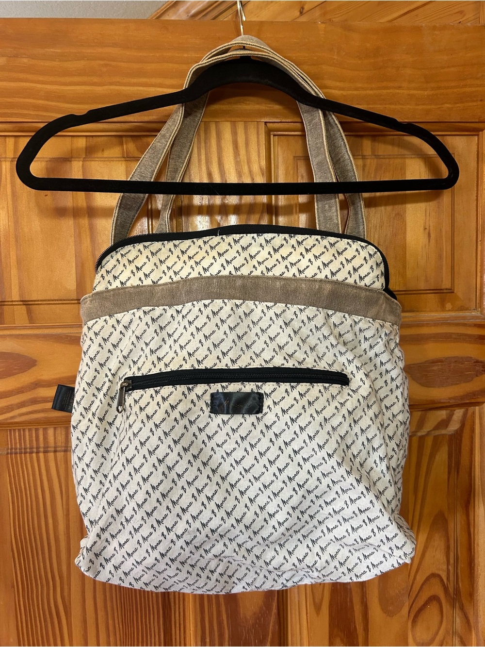 B Mona Canvas Logo-Print Tote Bag in Cream and Taupe